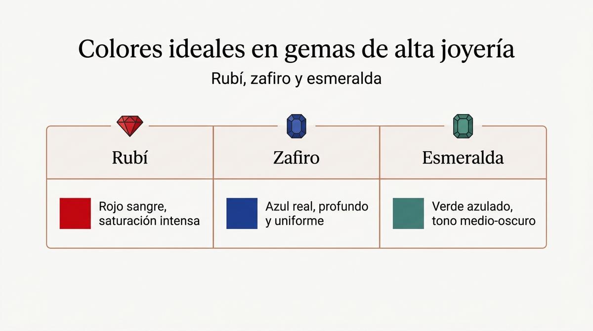 Diagrama comparativo de los colores ideales del rubí, zafiro y esmeralda en alta joyería.