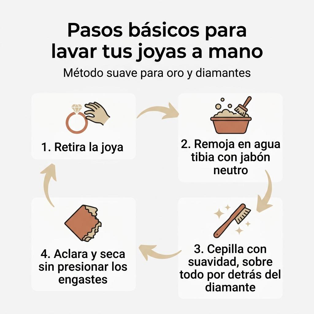 Diagrama con los pasos esenciales para lavar a mano joyas de oro y diamantes de forma suave.