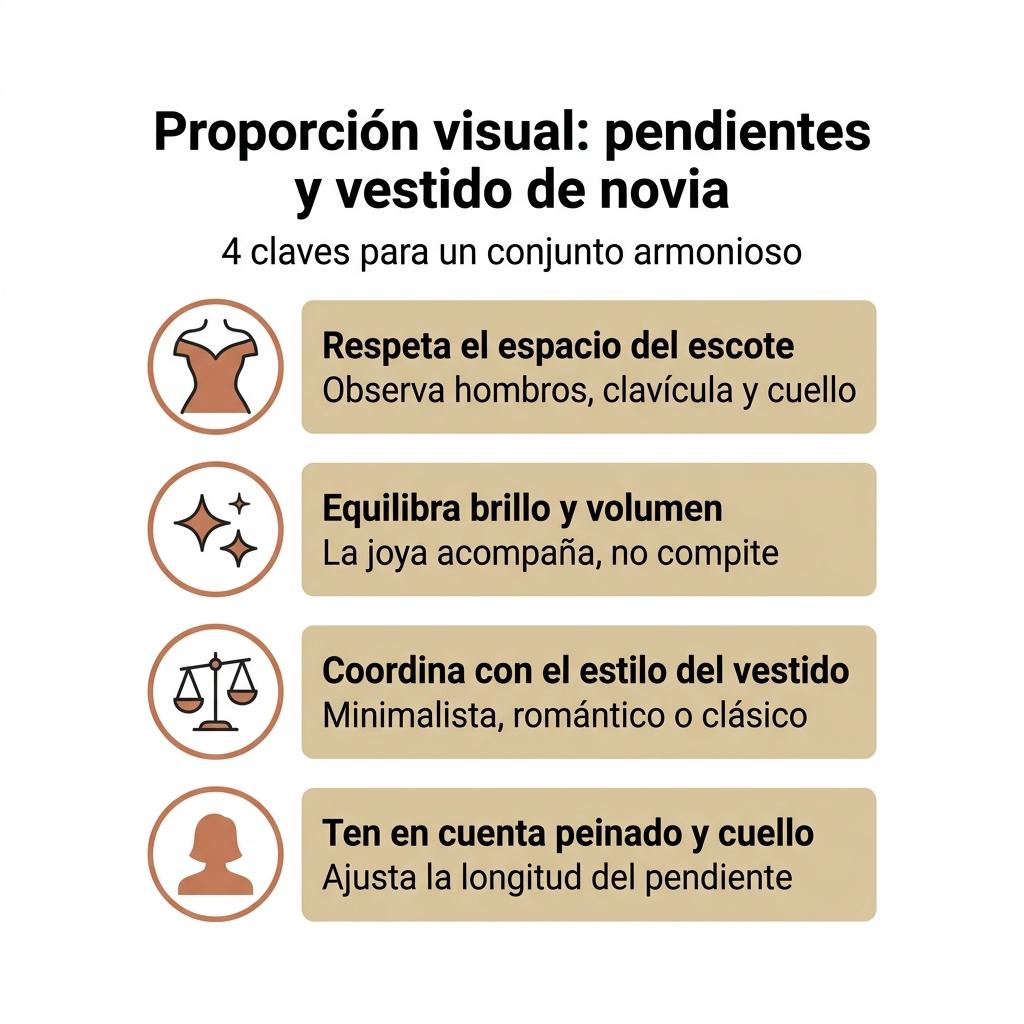 Diagrama con una checklist de cuatro claves para equilibrar pendientes de novia y vestido.
