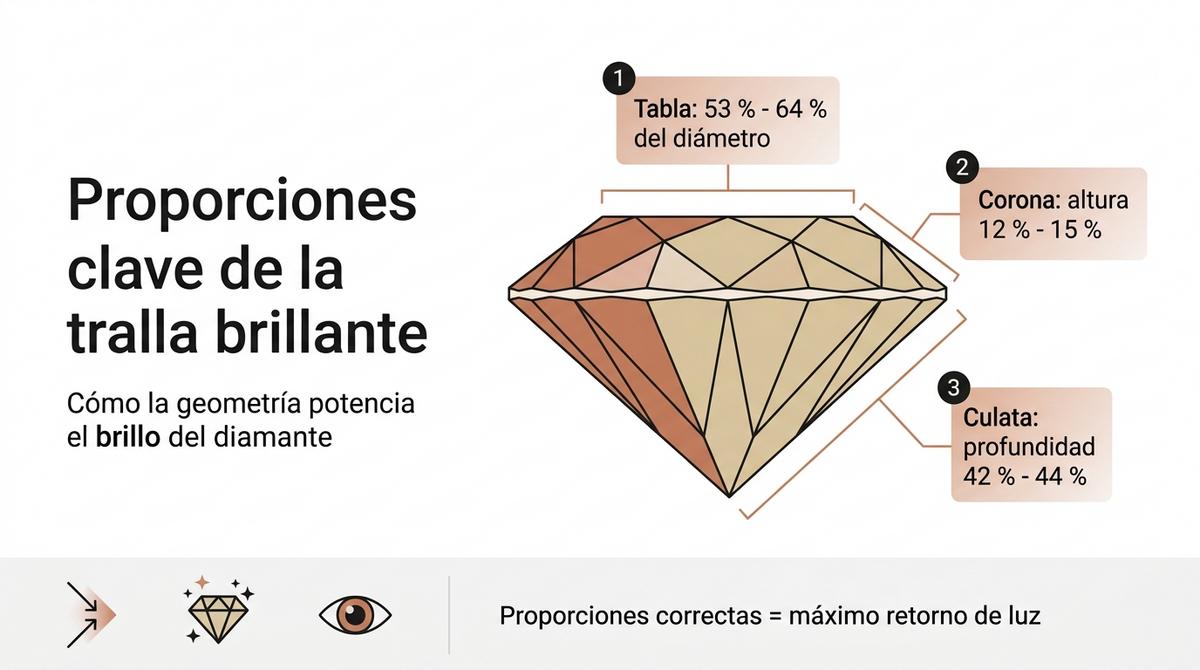 Diagrama de un diamante talla brillante con indicación de las proporciones recomendadas de tabla, corona y culata.