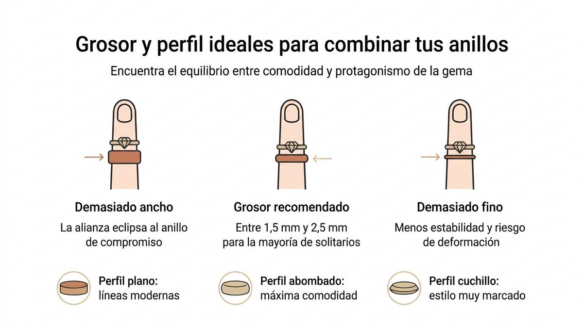 Diagrama que compara diferentes grosores y perfiles de alianzas respecto al anillo de compromiso.