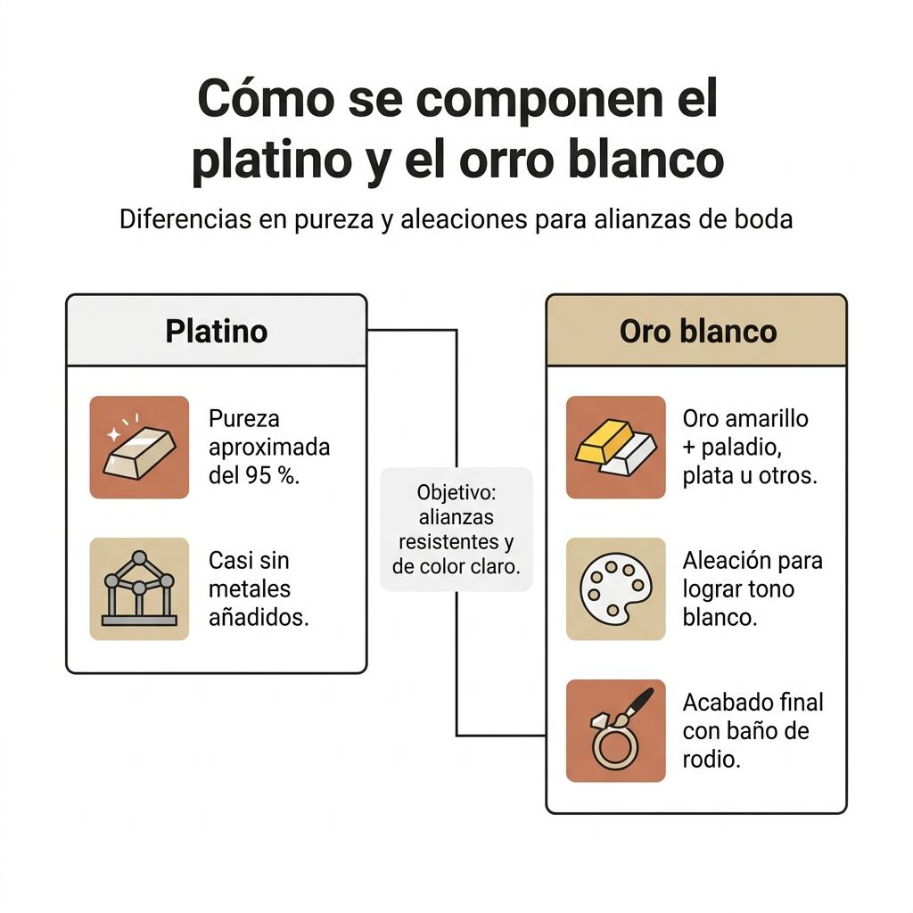Diagrama que muestra la composición del platino frente a la aleación de oro blanco para alianzas de boda.