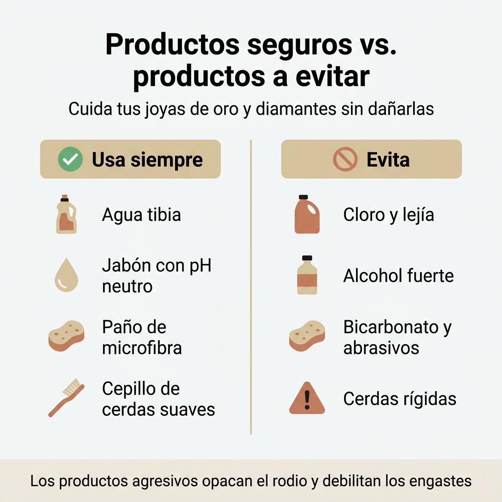 Infografía comparativa de productos recomendados y productos a evitar para limpiar joyas de oro y diamantes.