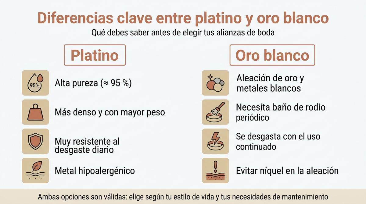 Infografía comparativa que resume las principales diferencias entre alianzas de platino y de oro blanco.