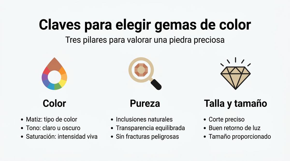 Infografía con tres columnas que resumen color, pureza y talla como pilares en la elección de gemas de color.