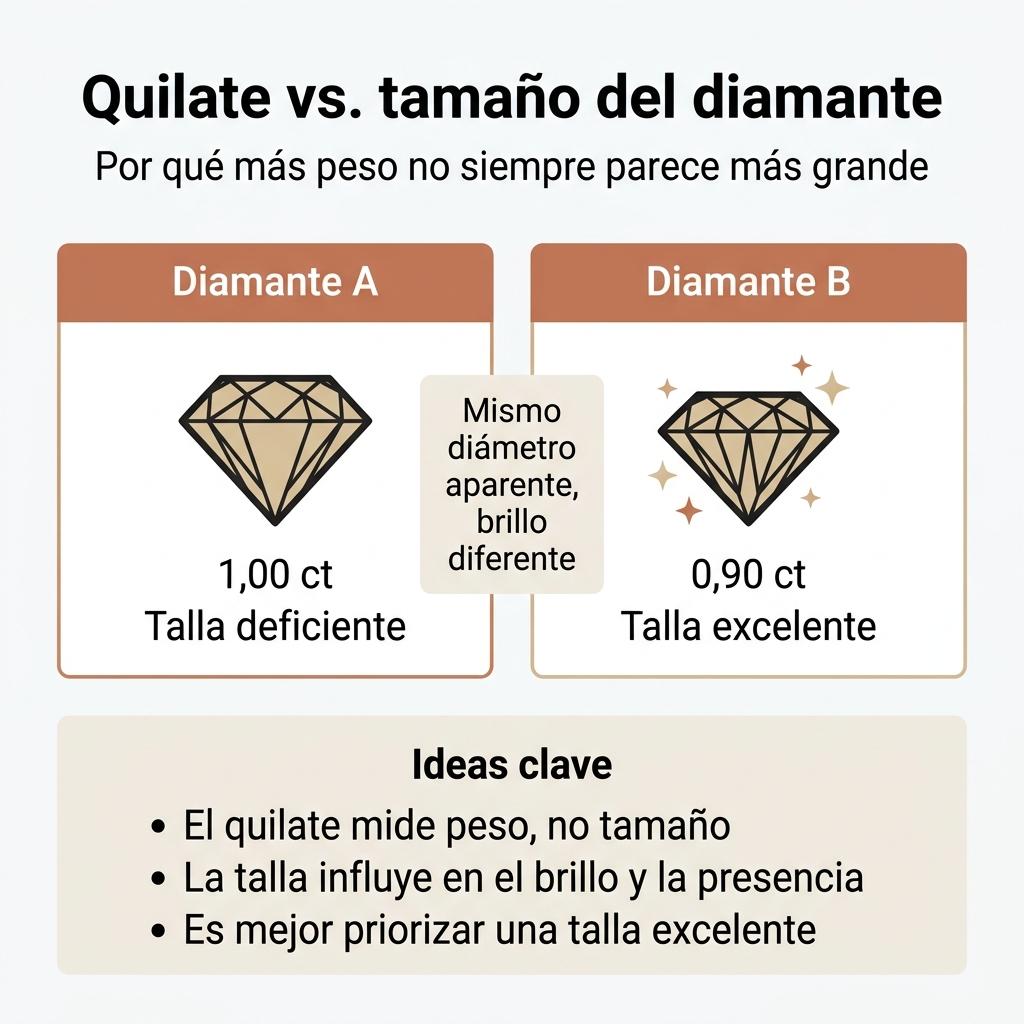 Infografía que compara dos diamantes con distinto quilataje y calidad de talla para explicar el tamaño visual.