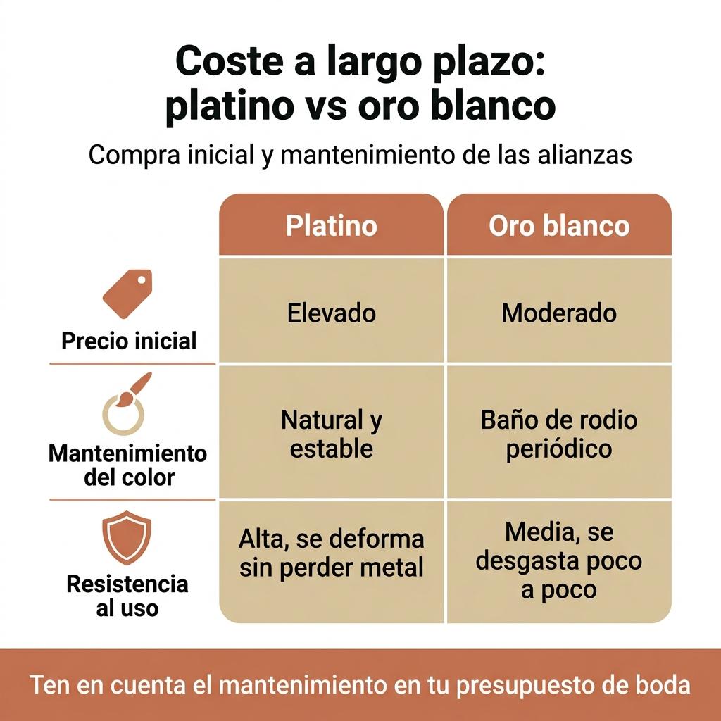 Infografía que compara el coste inicial y el mantenimiento del platino y el oro blanco en alianzas de boda.