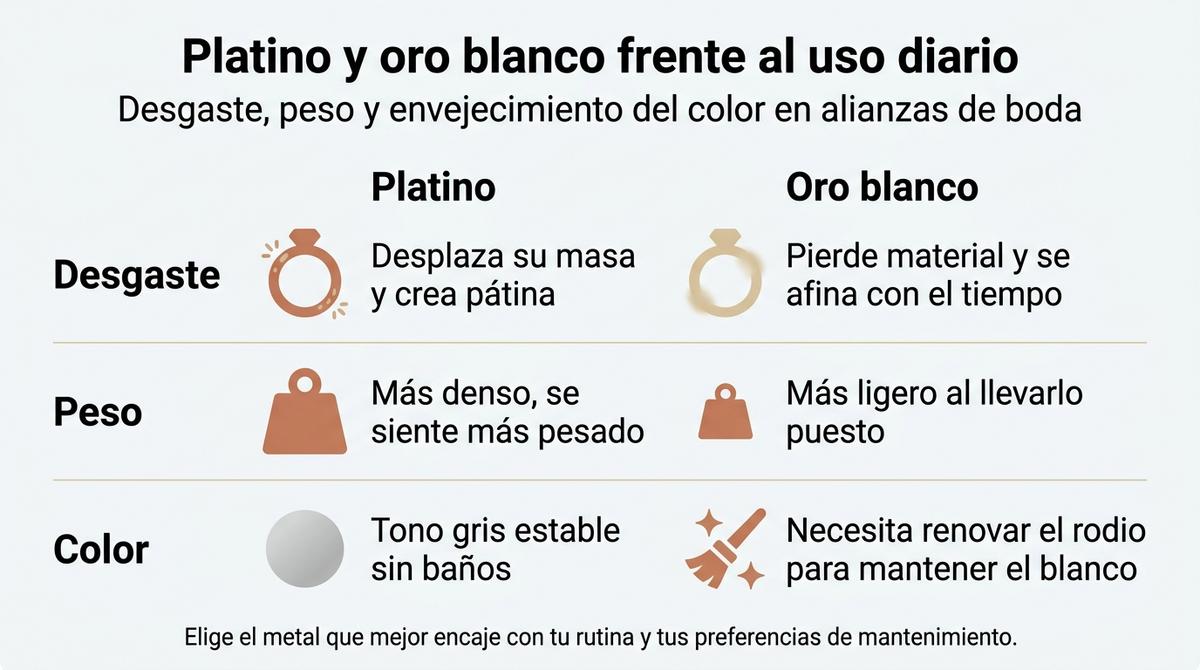 Infografía que compara el desgaste, el peso y el envejecimiento del color en alianzas de platino y de oro blanco.