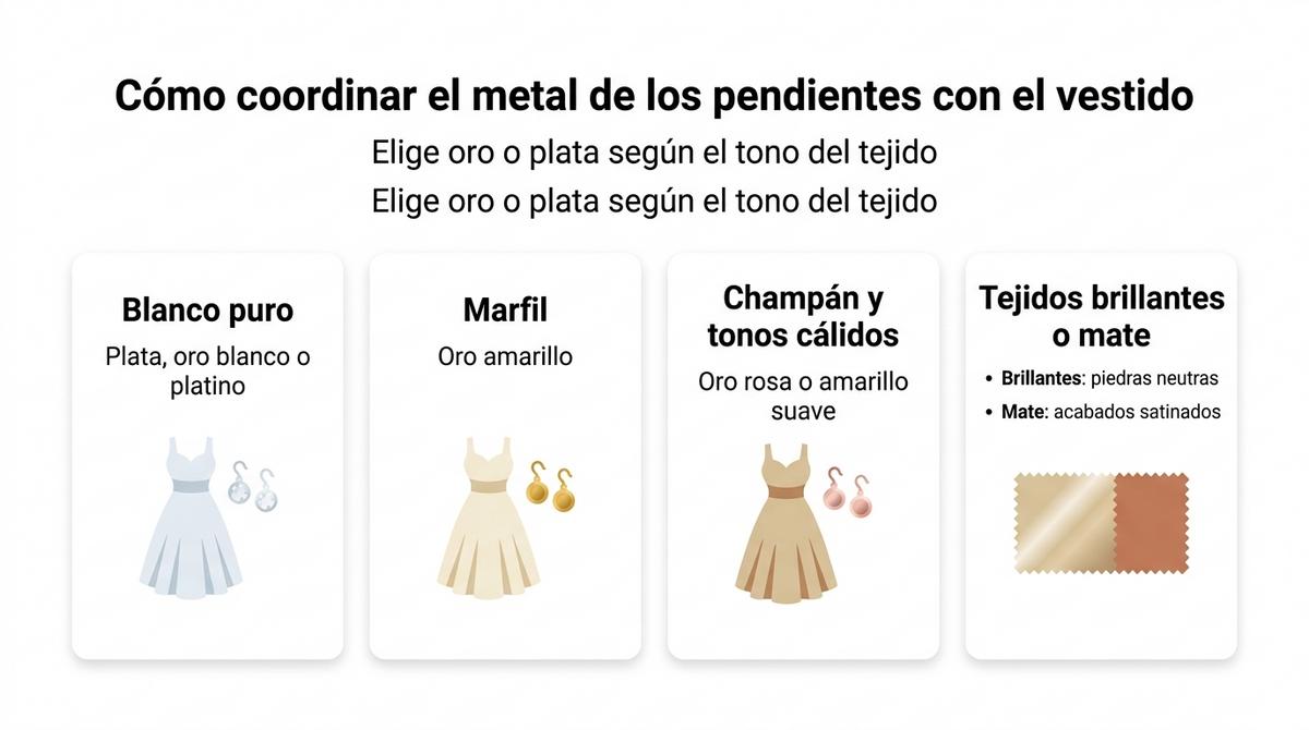 Infografía que muestra qué metal de pendientes de novia combina mejor con el color del vestido.