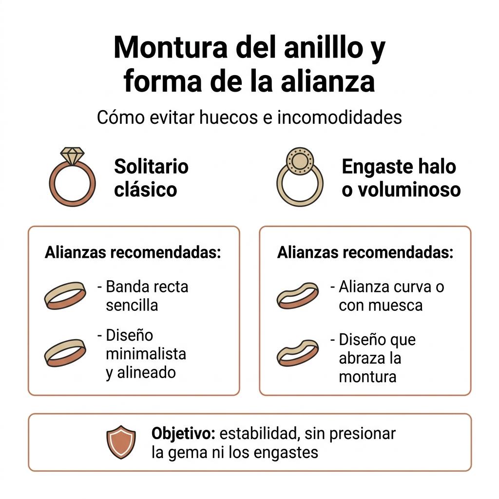 Infografía que relaciona el tipo de montura del anillo de compromiso con la forma más adecuada de la alianza.