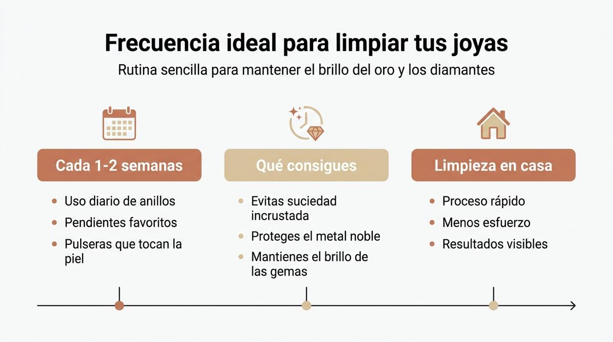 Infografía que resume cada cuánto conviene limpiar las joyas y los beneficios de una rutina frecuente.