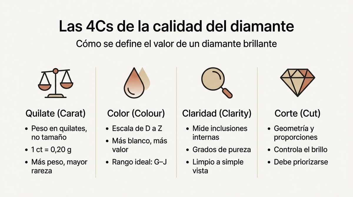 Infografía que resume las 4Cs de la calidad del diamante: quilate, color, claridad y corte.