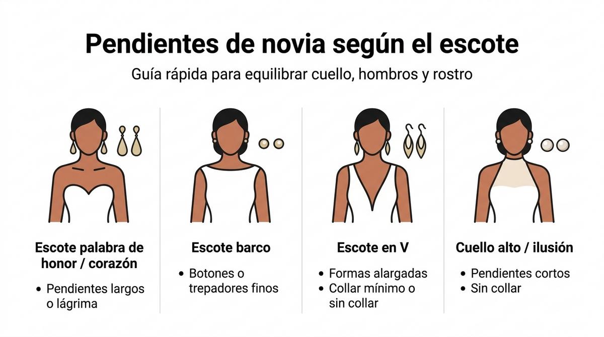 Infografía que resume qué tipo de pendientes de novia combinar con cada tipo de escote del vestido.