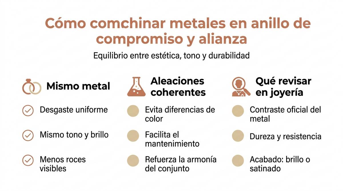 Infografía sobre cómo combinar los metales del anillo de compromiso y la alianza de boda.