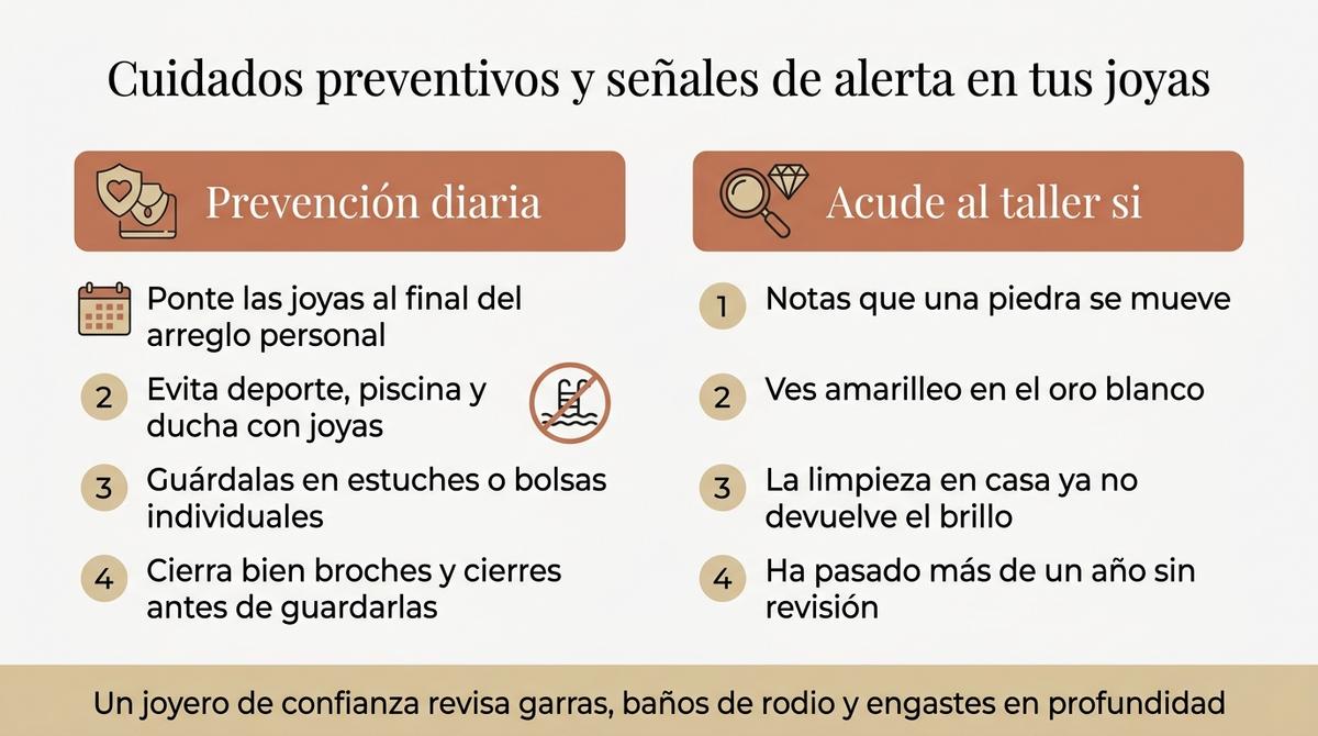 Infografía sobre cuidados preventivos de joyas y señales que indican la necesidad de revisión en taller.