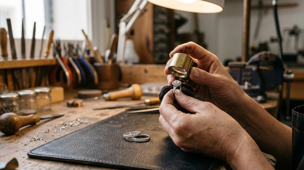 Joyera revisando un anillo de compromiso y una alianza de boda sobre la mesa de trabajo de un taller.