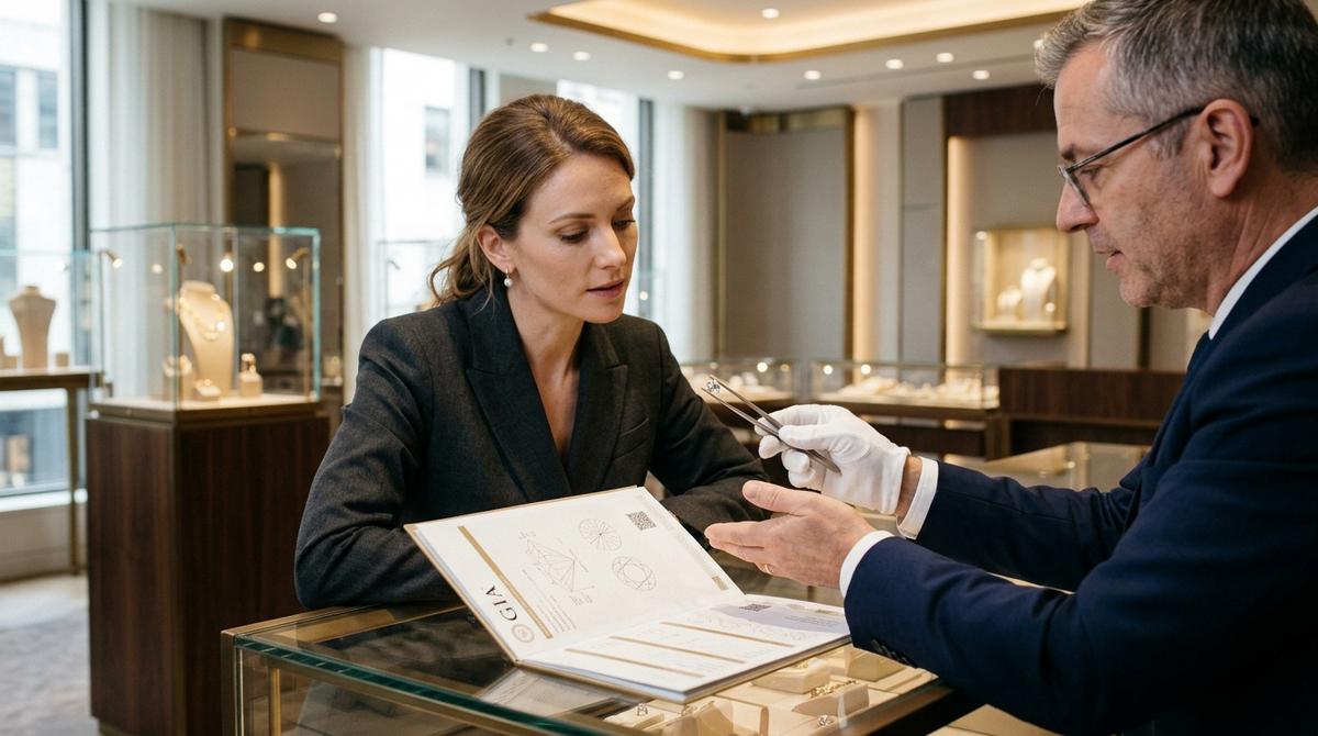Joyero mostrando un diamante con pinzas junto a un certificado gemológico sobre el mostrador de una joyería.
