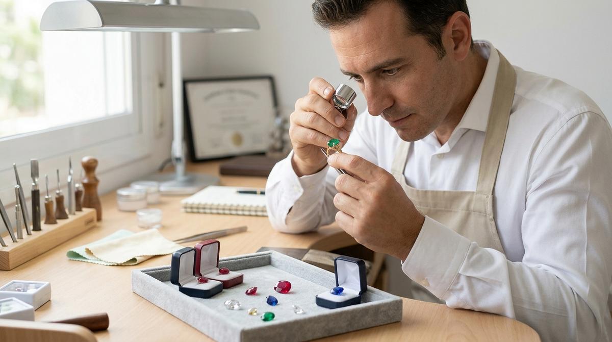 Joyero Profesional Examinando Con Lupa Gemologica Un Anillo Con Esmeralda Y Otras Gemas De Color Sobre Una Mesa De Trabajo