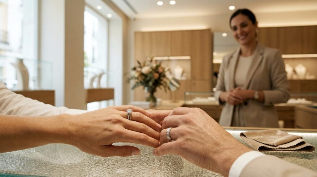 Manos De Una Pareja Joven Mostrando El Anillo De Compromiso Combinado Con La Alianza De Boda Sobre El Mostrador De Una Joyeria Elegante