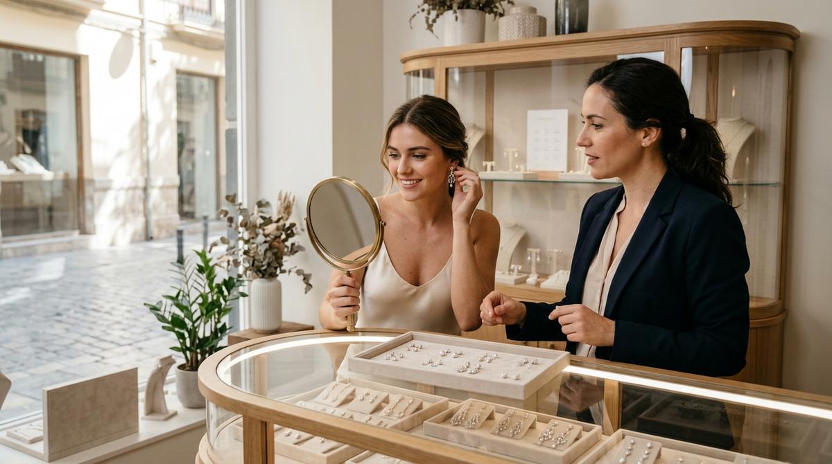 Novia asesorada por una profesional mientras prueba pendientes de novia en una joyería luminosa.