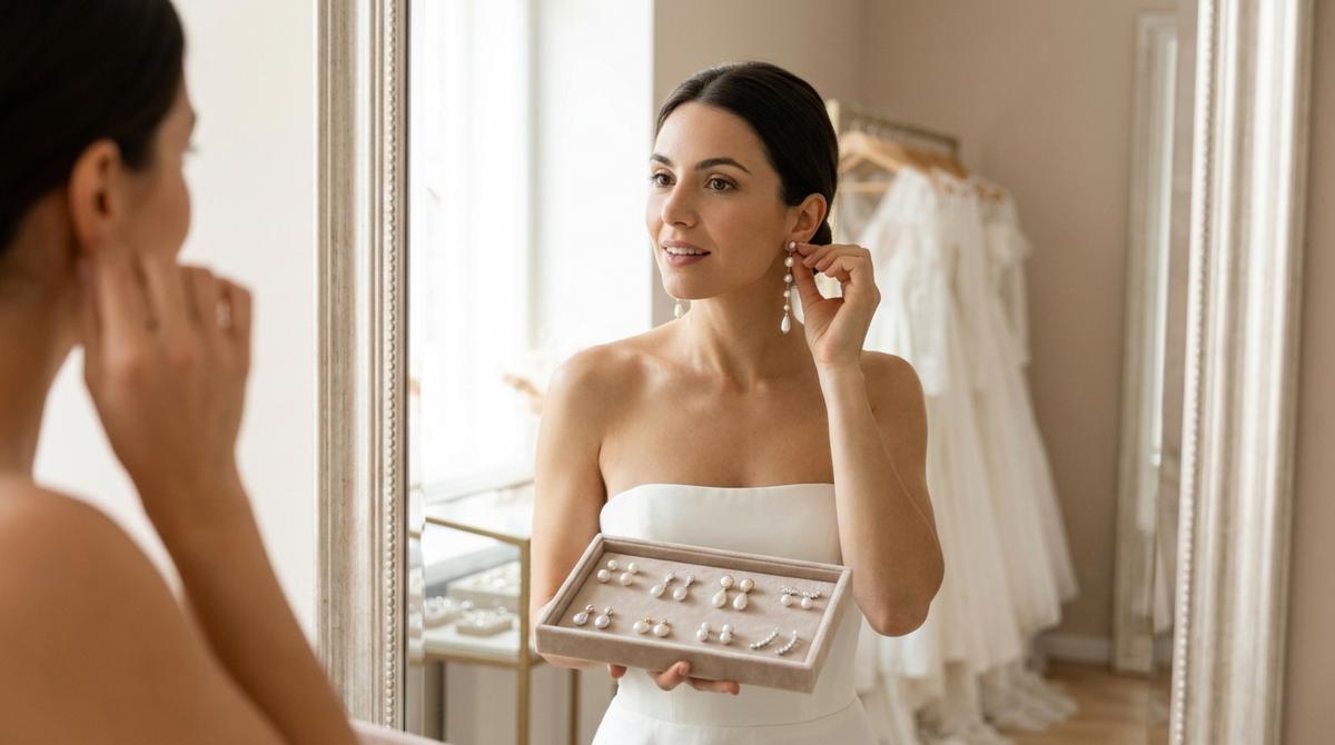 Novia Probandose Pendientes Largos Frente A Un Espejo Mientras Viste Un Vestido De Novia Con Escote Palabra De Honor En Un Salon Luminoso