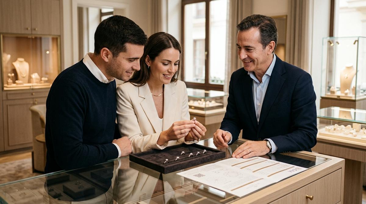 Pareja Joven Asesorada Por Un Joyero Mientras Observa Un Anillo De Diamantes En Una Joyeria Elegante