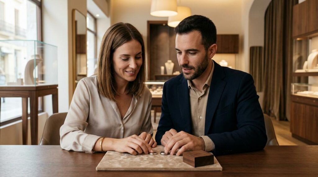 Pareja Joven En Una Joyeria Observando De Cerca Dos Alianzas De Boda Una De Platino Y Otra De Oro Blanco Sobre Una Mesa Iluminada