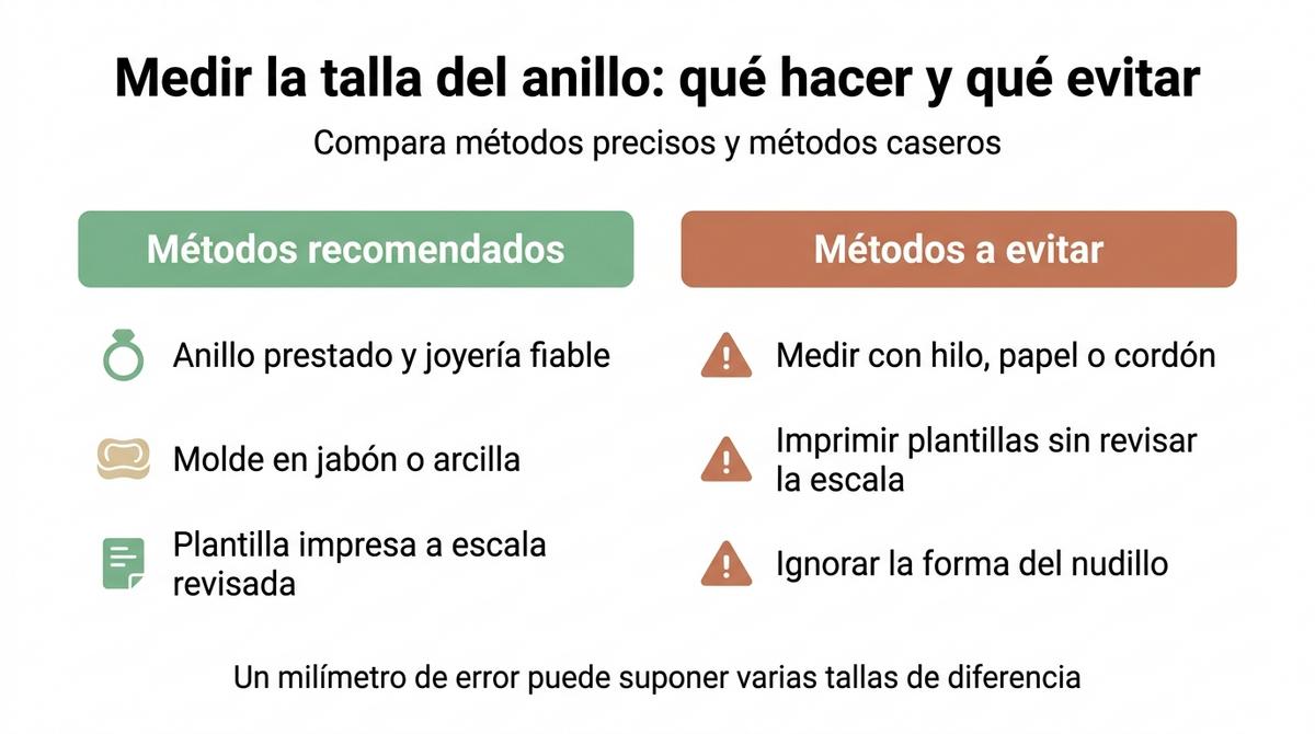Diagrama comparativo entre métodos recomendados y métodos a evitar para medir la talla de un anillo.