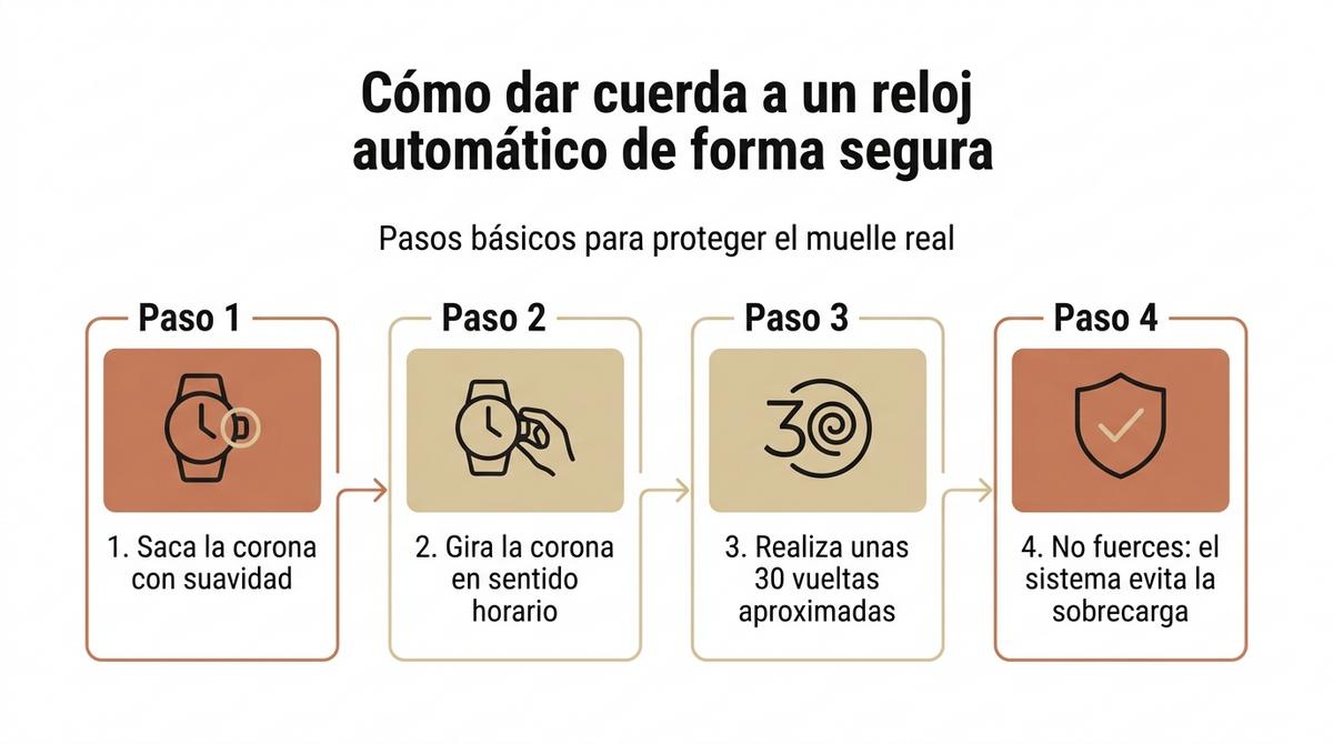 Diagrama con los pasos básicos para dar cuerda de forma segura a un reloj automático.