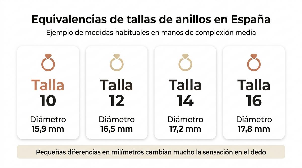 Infografía con ejemplos de equivalencias entre tallas de anillos españolas y diámetro interior en milímetros.