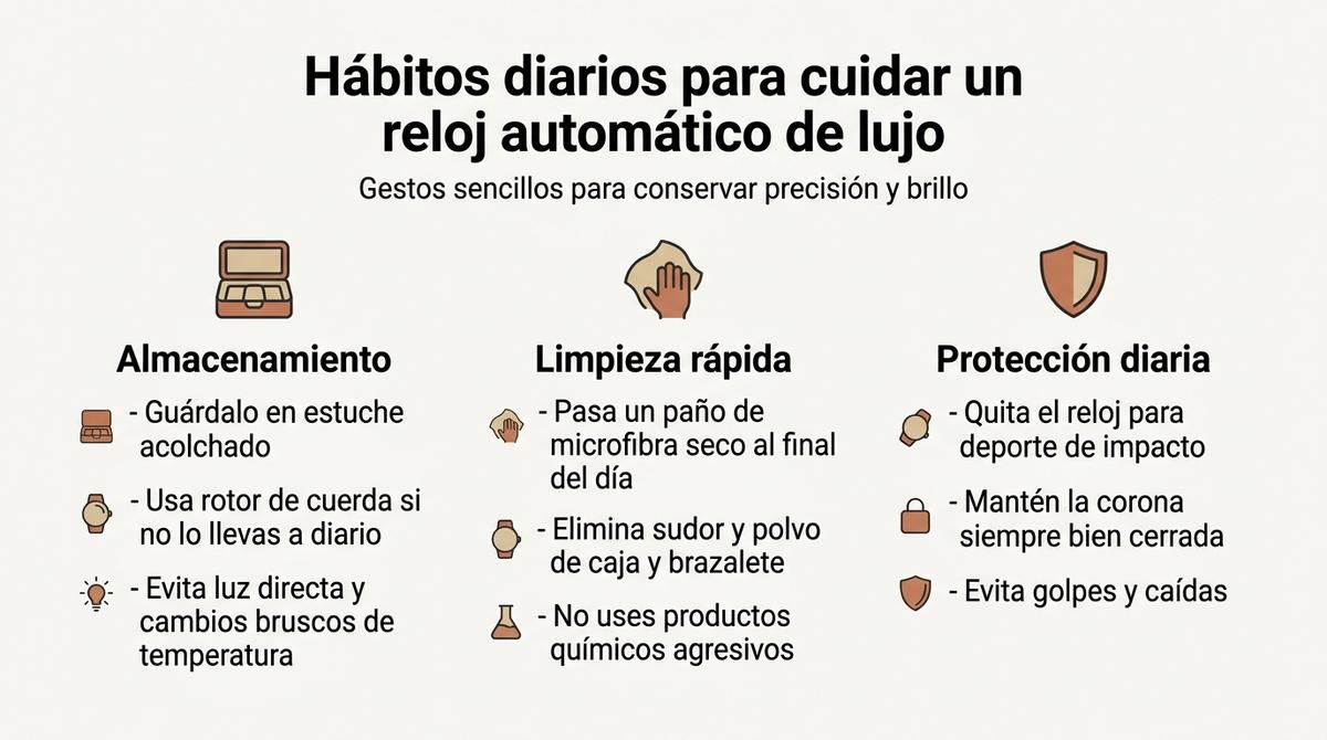 Infografía con hábitos diarios recomendados para cuidar un reloj automático de lujo.