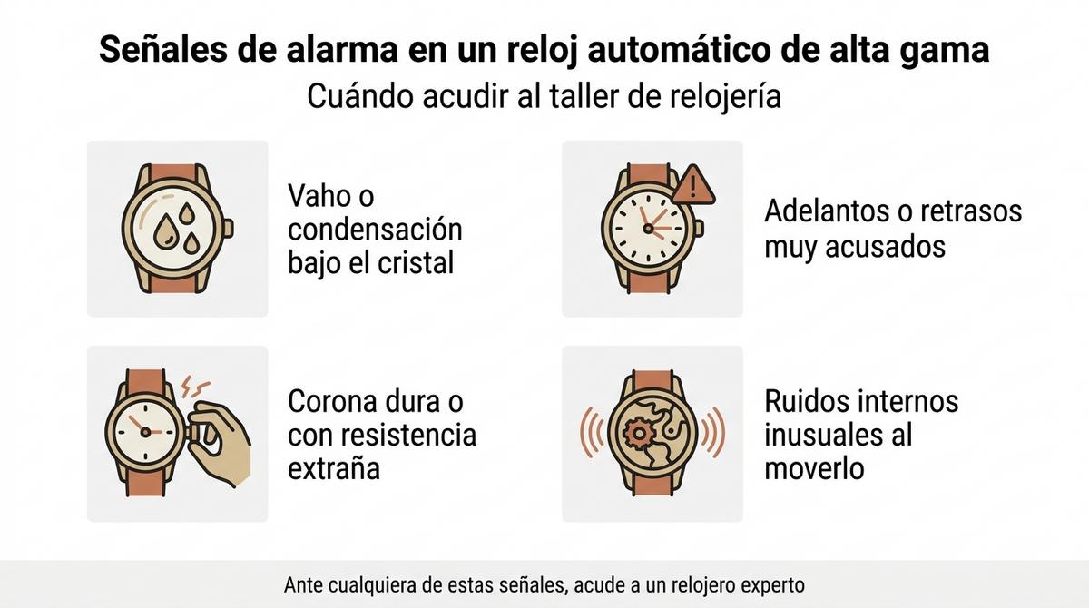 Infografía que muestra cuatro señales de alarma que indican que un reloj automático necesita revisión técnica.