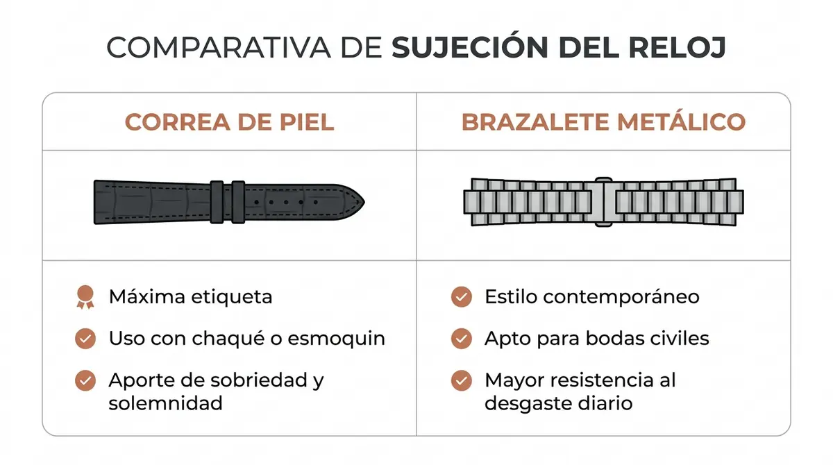 Tabla comparativa de estilos de correas de reloj de pedida: correa de piel frente a brazalete metálico.