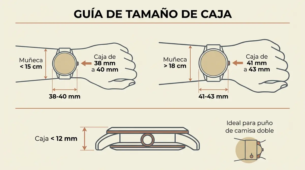 Infografía de guía de tamaños para reloj de pedida para el novio según el grosor y diámetro de su muñeca.