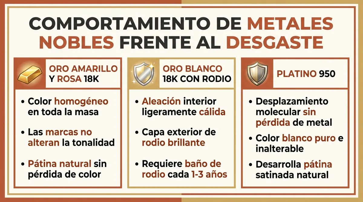 Diagrama infográfico sobre el comportamiento y envejecimiento de los metales nobles ante el uso continuo
