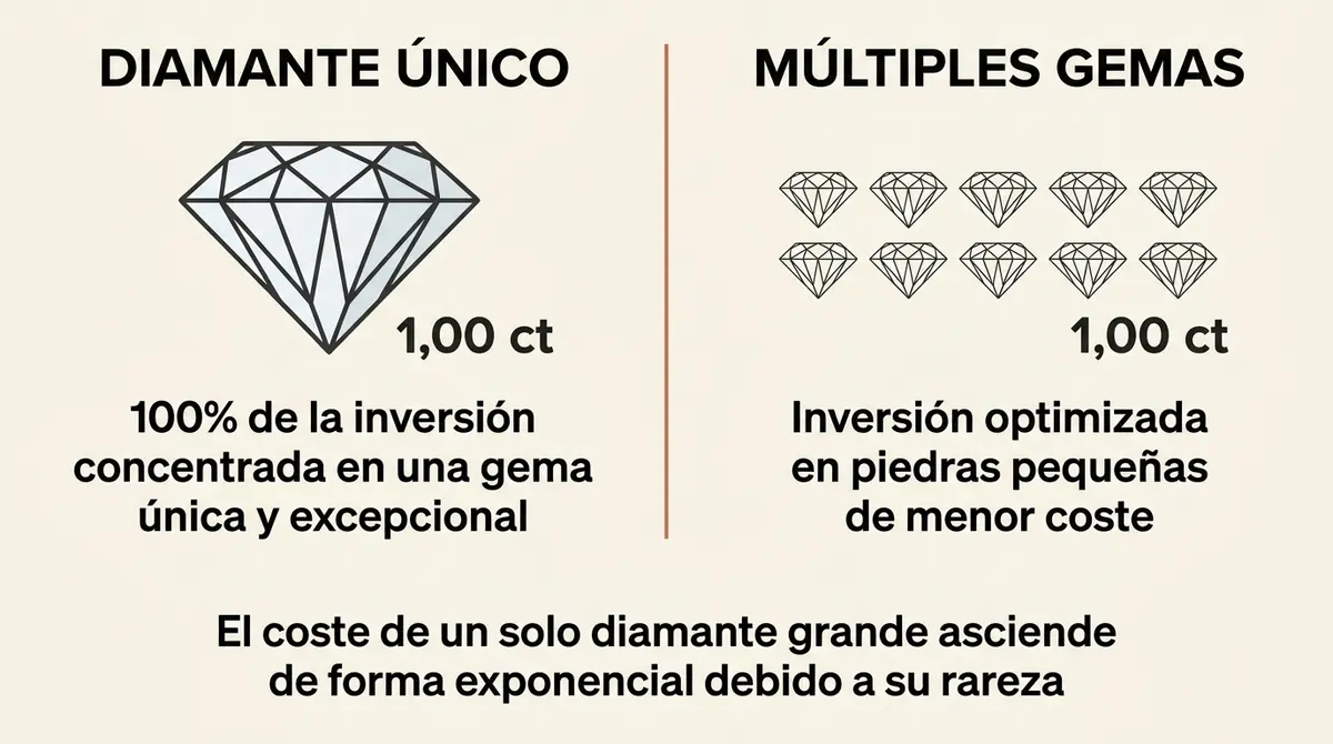 Infografía sobre la distribución del presupuesto entre un solo diamante grande de solitario frente a múltiples diamantes pequeños de media alianza.