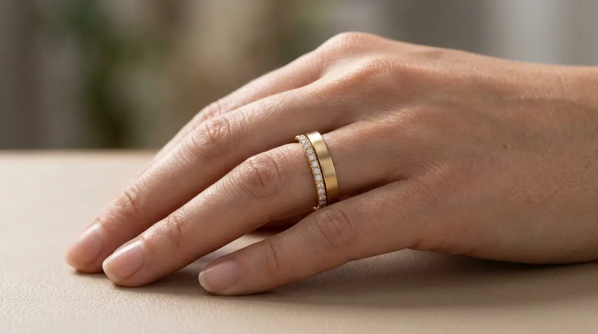 Fotografía macro de una media alianza y un anillo de bodas clásico apilados perfectamente en un dedo.