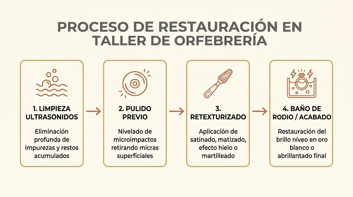 Esquema secuencial de los cuatro pasos del proceso de restauración y mantenimiento de alianzas en taller de joyería