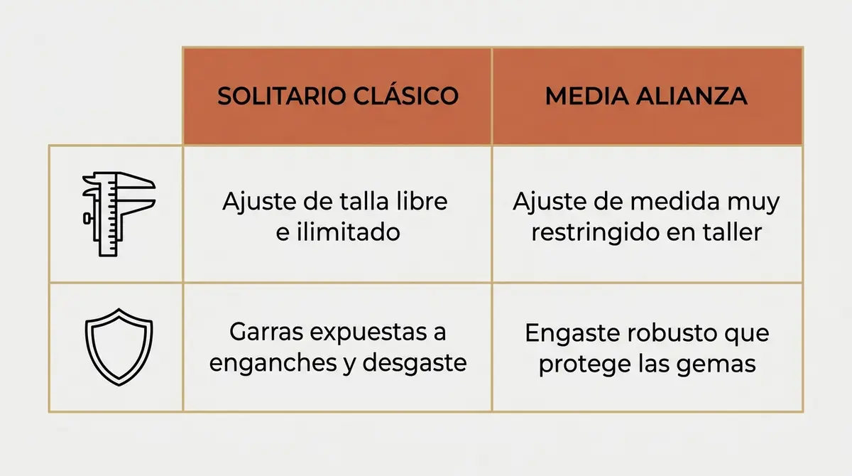 Infografía técnica comparando el ajuste de talla y la protección de gemas de un solitario frente a una media alianza.
