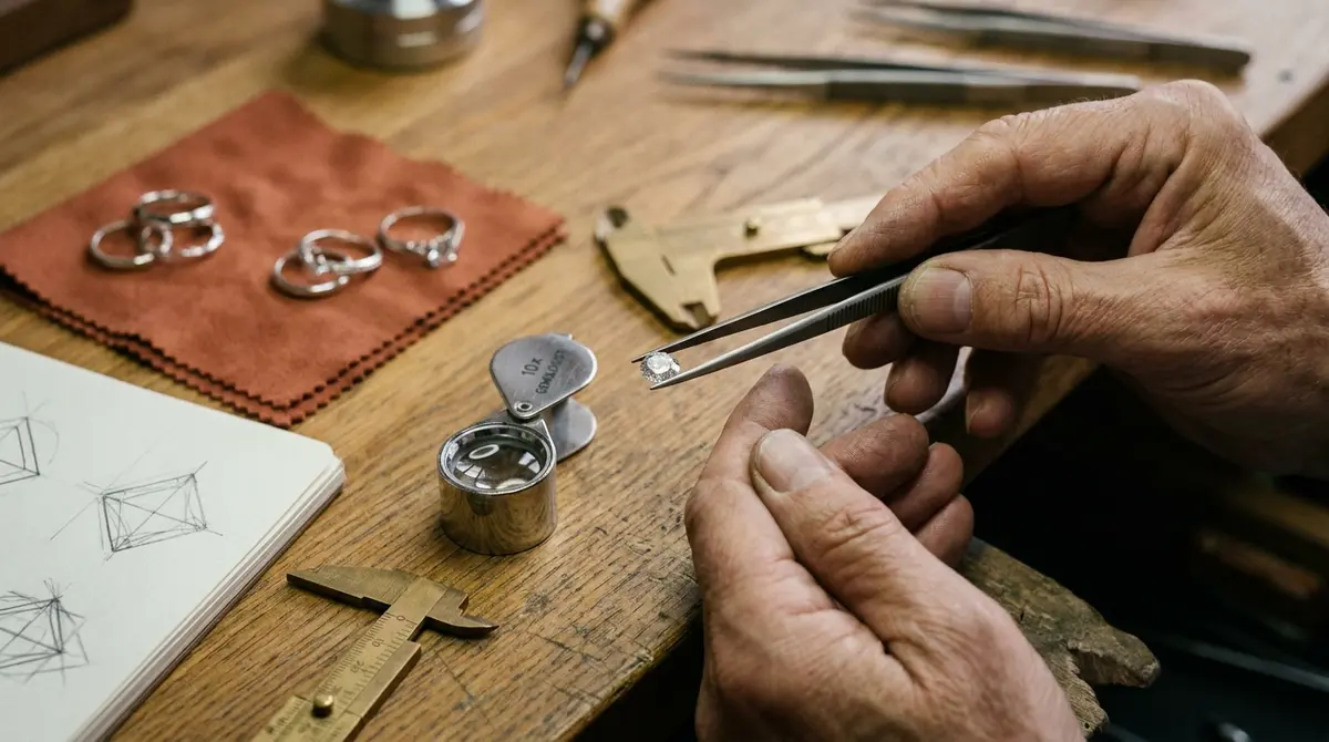 Maestro joyero examinando proporciones y facetas de un diamante con lupa gemológica en mesa de taller