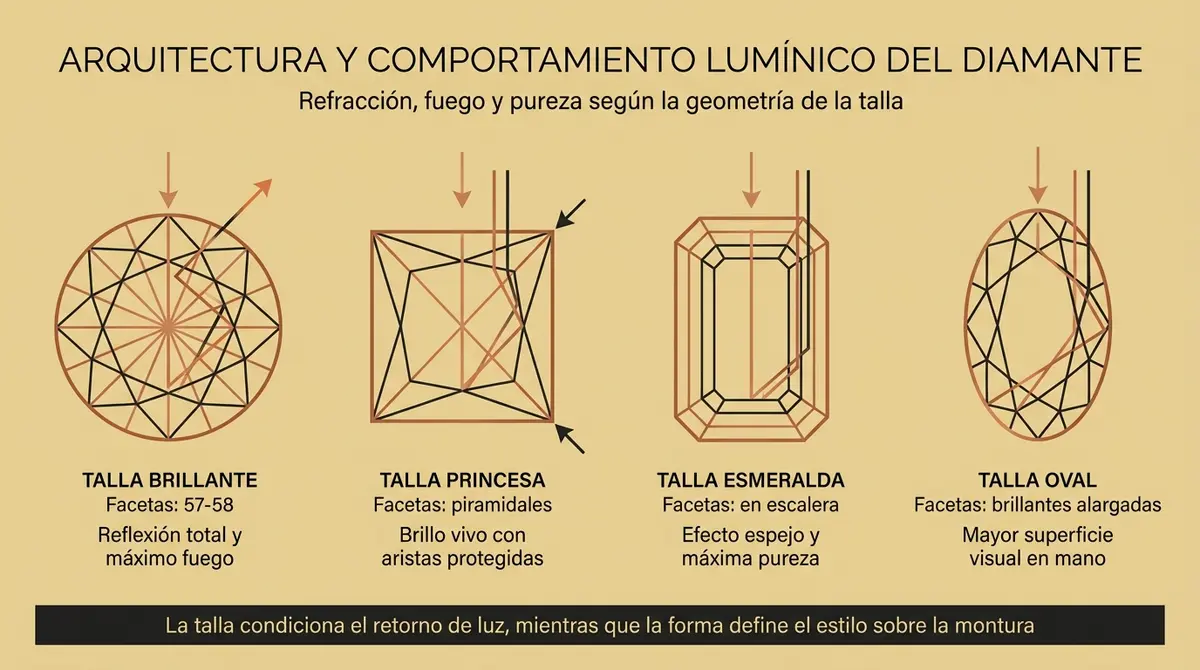 Infografía comparativa de los principales tipos de cortes de diamantes y su comportamiento lumínico