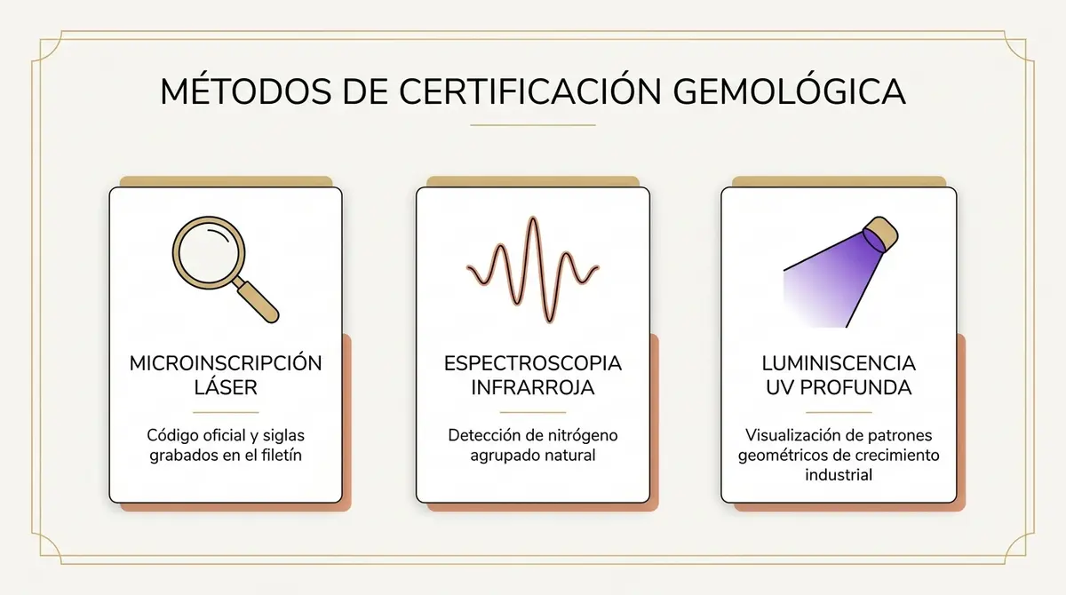 Infografía técnica de los tres análisis científicos de laboratorio para certificar el origen de un diamante