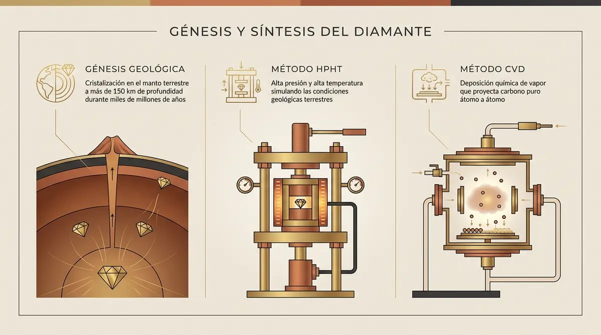 Infografía comparativa de los procesos de formación del diamante natural frente a los métodos sintéticos HPHT y CVD